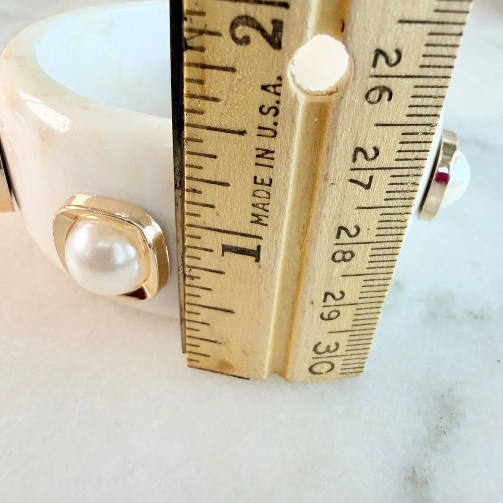 White Lucite Marble Acrylic Chunky Bangle Faux Pearl Gold Stud Cuff Statement